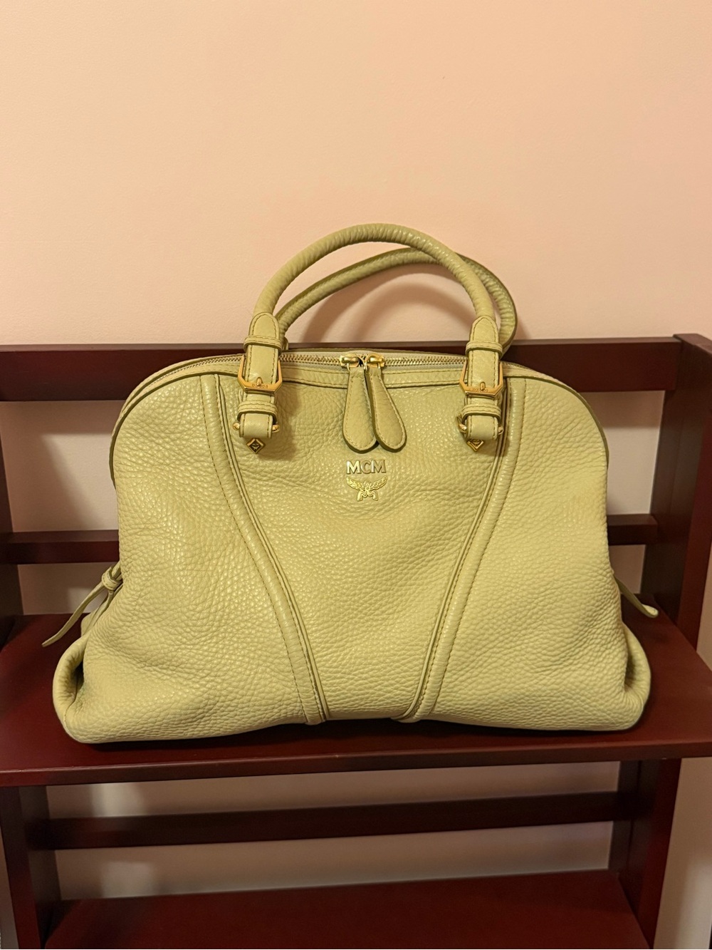 MCM  beige Leather Satchel with Gold Hardware